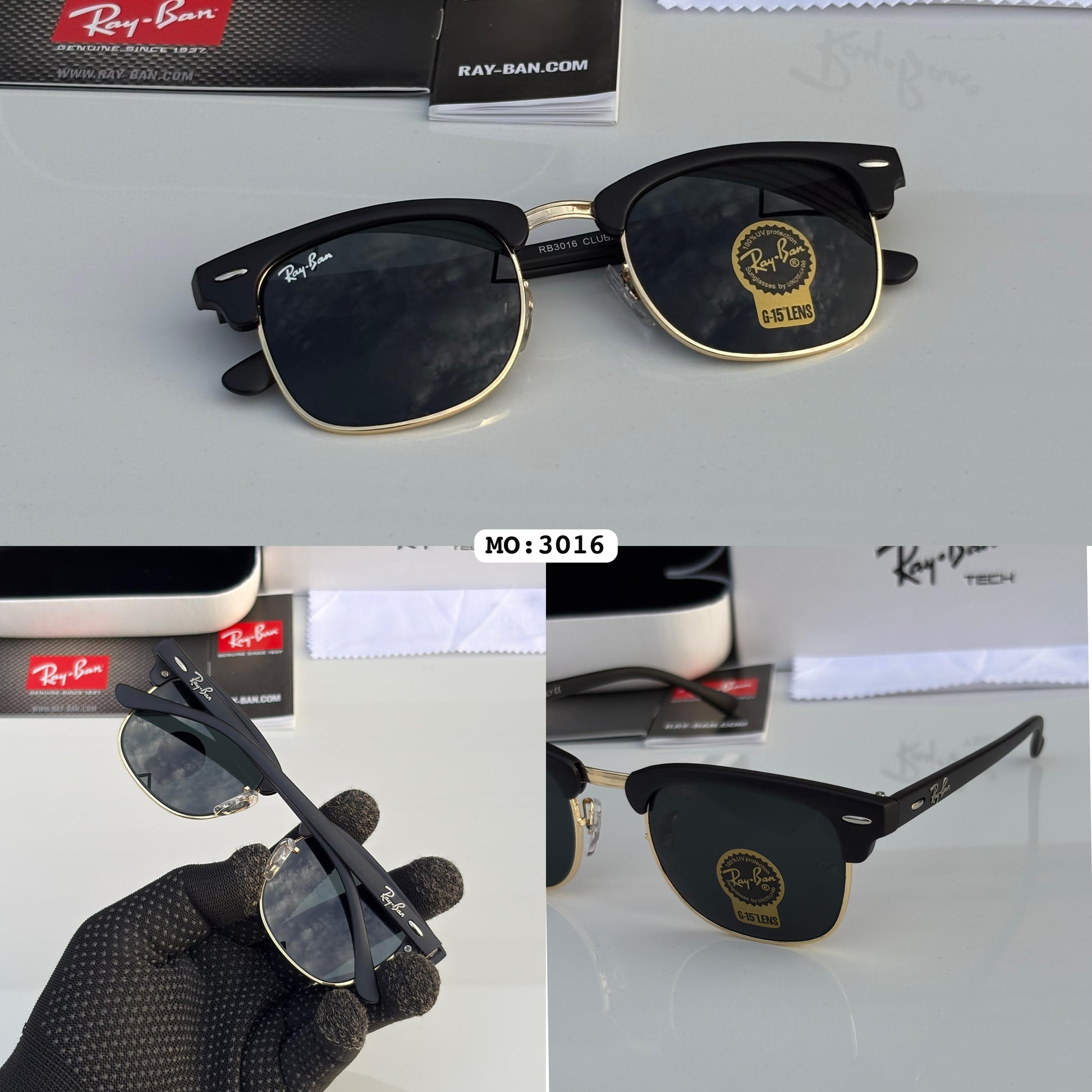 Rayban 3016 ClubMaster Matte Black/Gold Premium (Glass Lens)