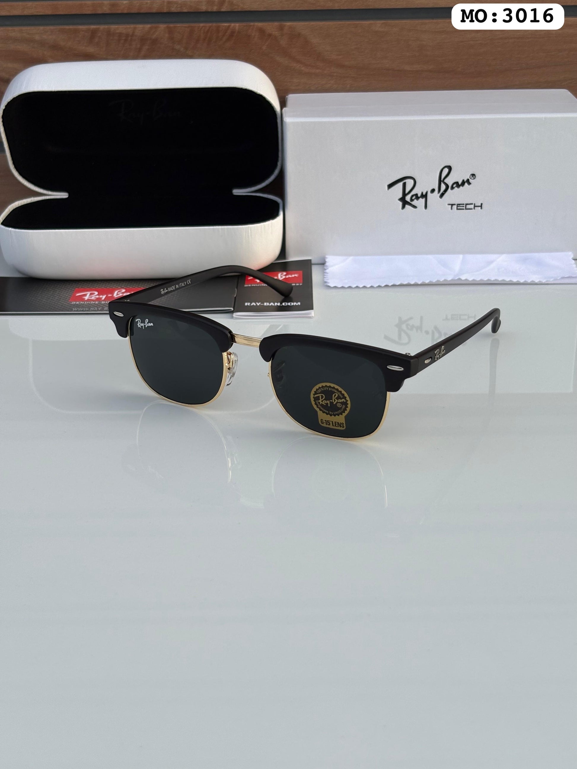 Rayban 3016 ClubMaster Matte Black/Gold Premium (Glass Lens)